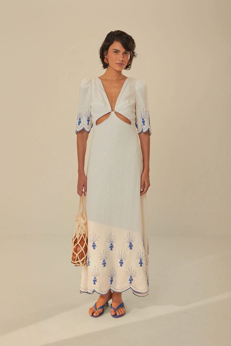 Besticktes Leinenmischung-Midikleid