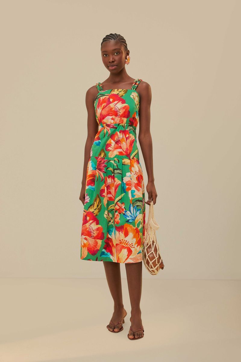 Lebhaftes ärmelloses Midikleid mit Blumenmuster
