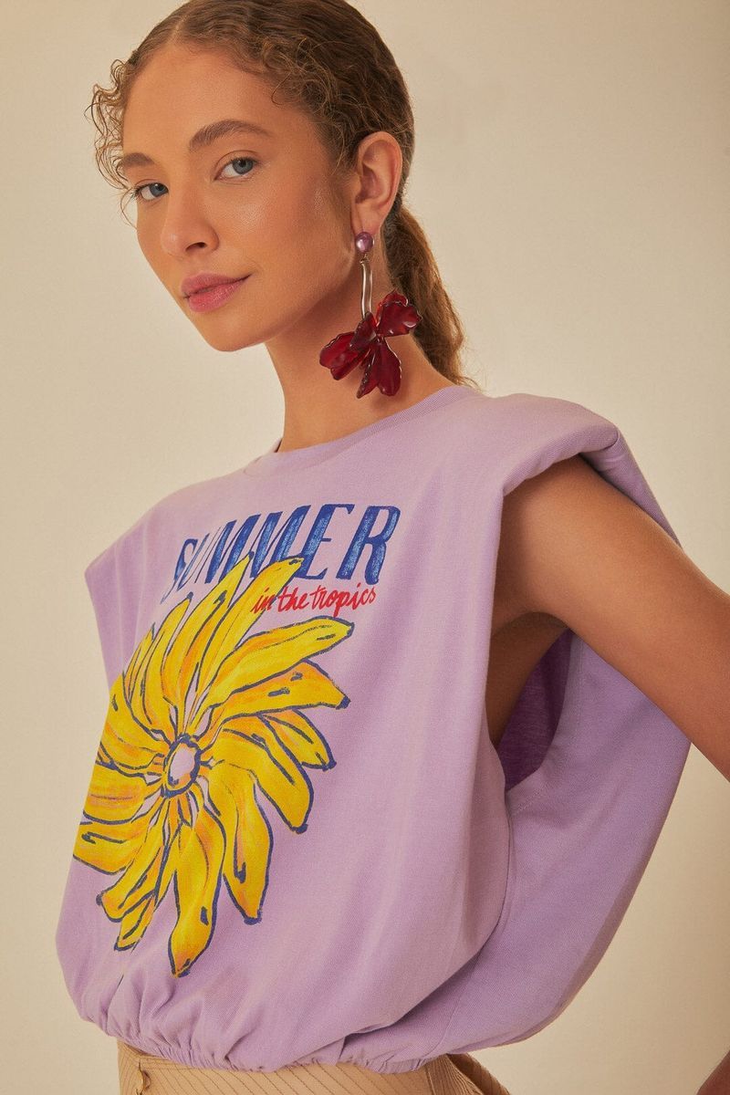 Tropisches Blumen-T-Shirt mit Schulterpolstern