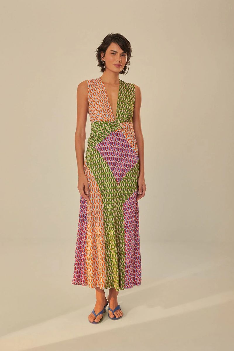 Maxikleid mit Cashew-Print und Knoten