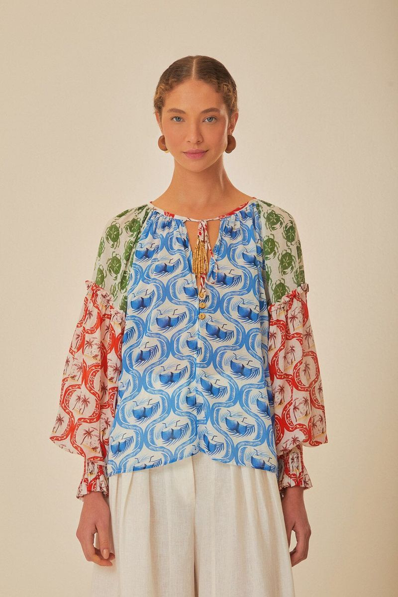 Multicolor Baumwollbluse mit tropischem Druck