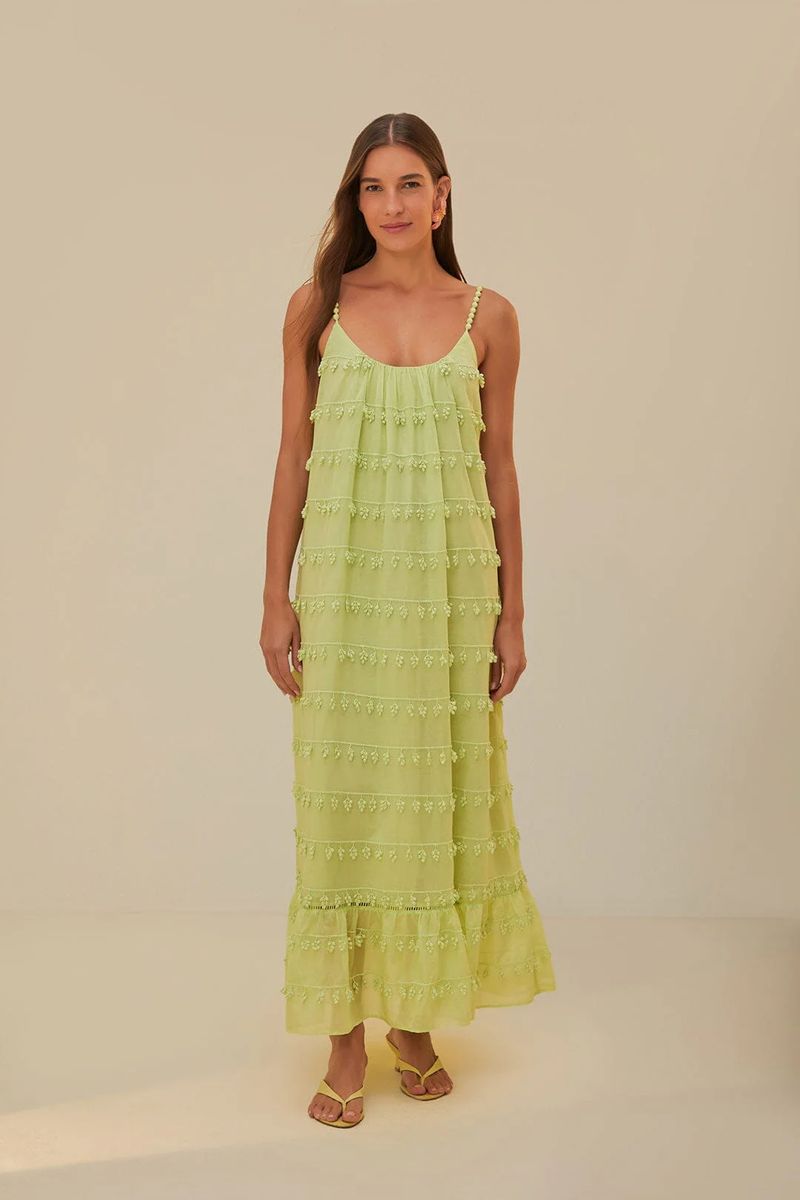 Grünes Maxi-Kleid mit Stickerei und Besatz