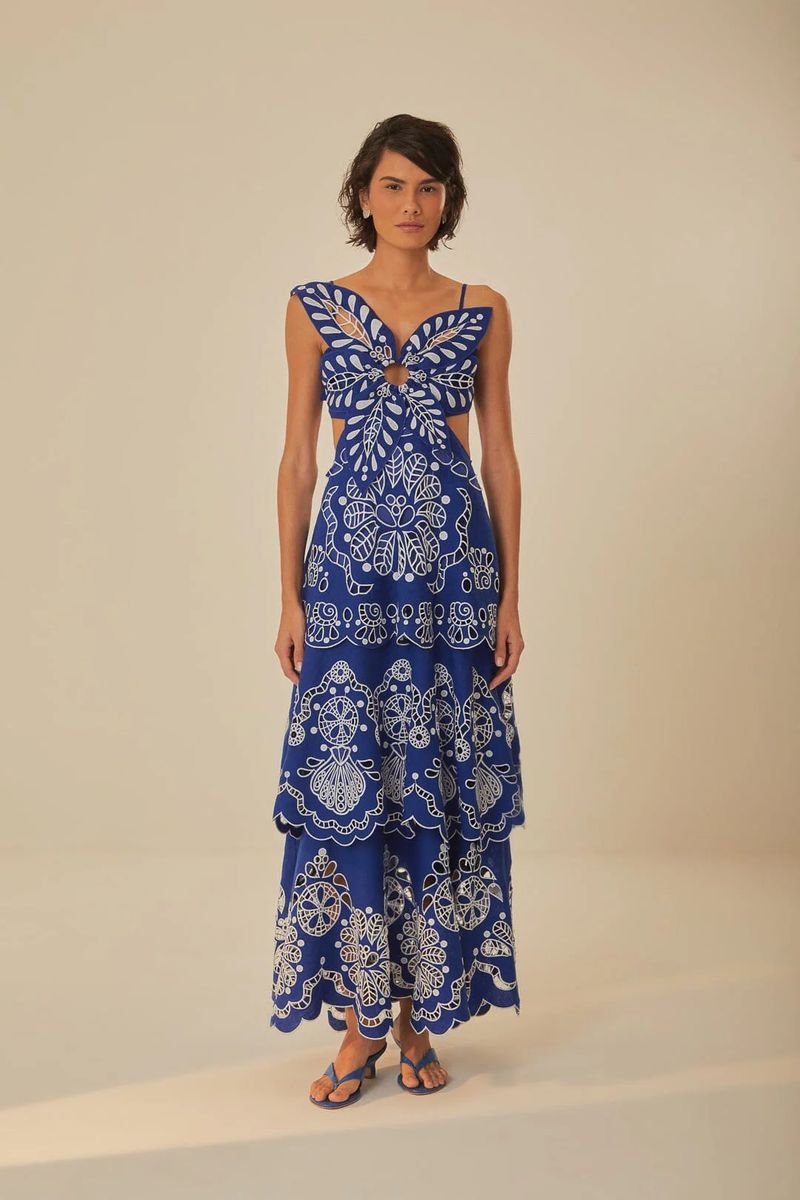 Blaues Richelieu-besticktes Leinen Midikleid