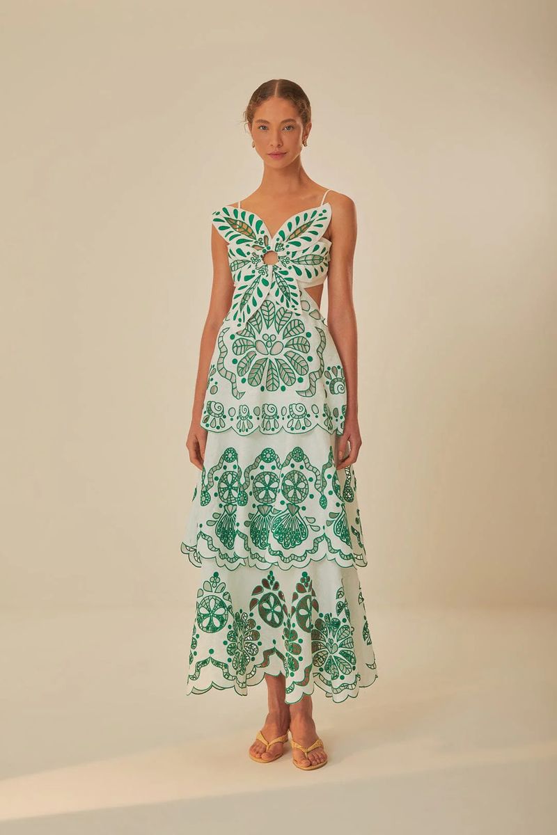 Elegantes weiß-grünes Leinen-Midikleid