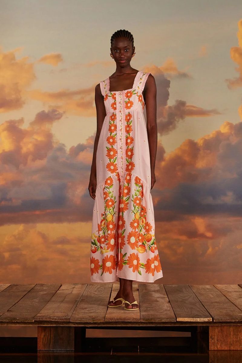 Rosa Maxi-Kleid mit Blumenmuster aus Baumwolle