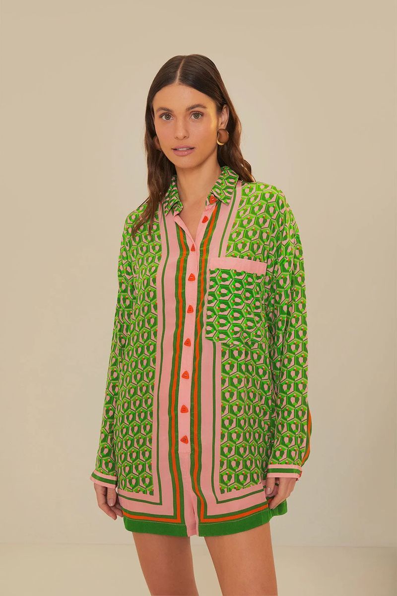 Grüner Leinen-Romper mit Cashew-Print