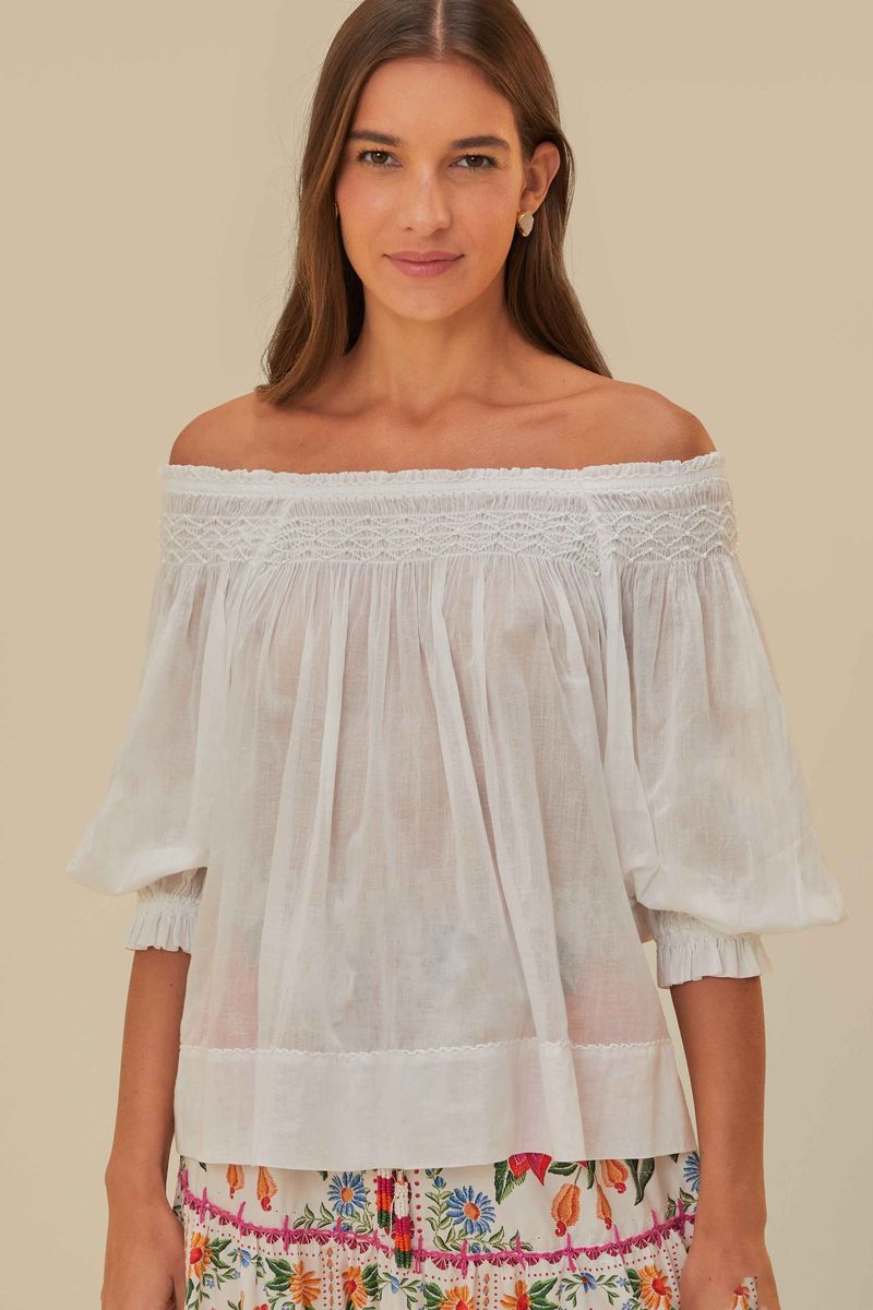 Off-Shoulder Bluse mit Smokdetails und kurzen Ärmeln