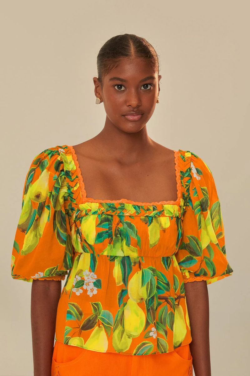 Schicke orangefarbene Bluse mit Birnenmuster