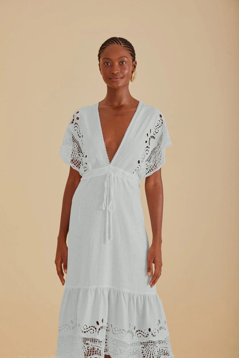 Besticktes Leinen-Midikleid mit Spitze