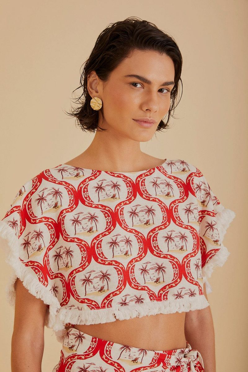 Kurze Strandbluse mit tropischem Print