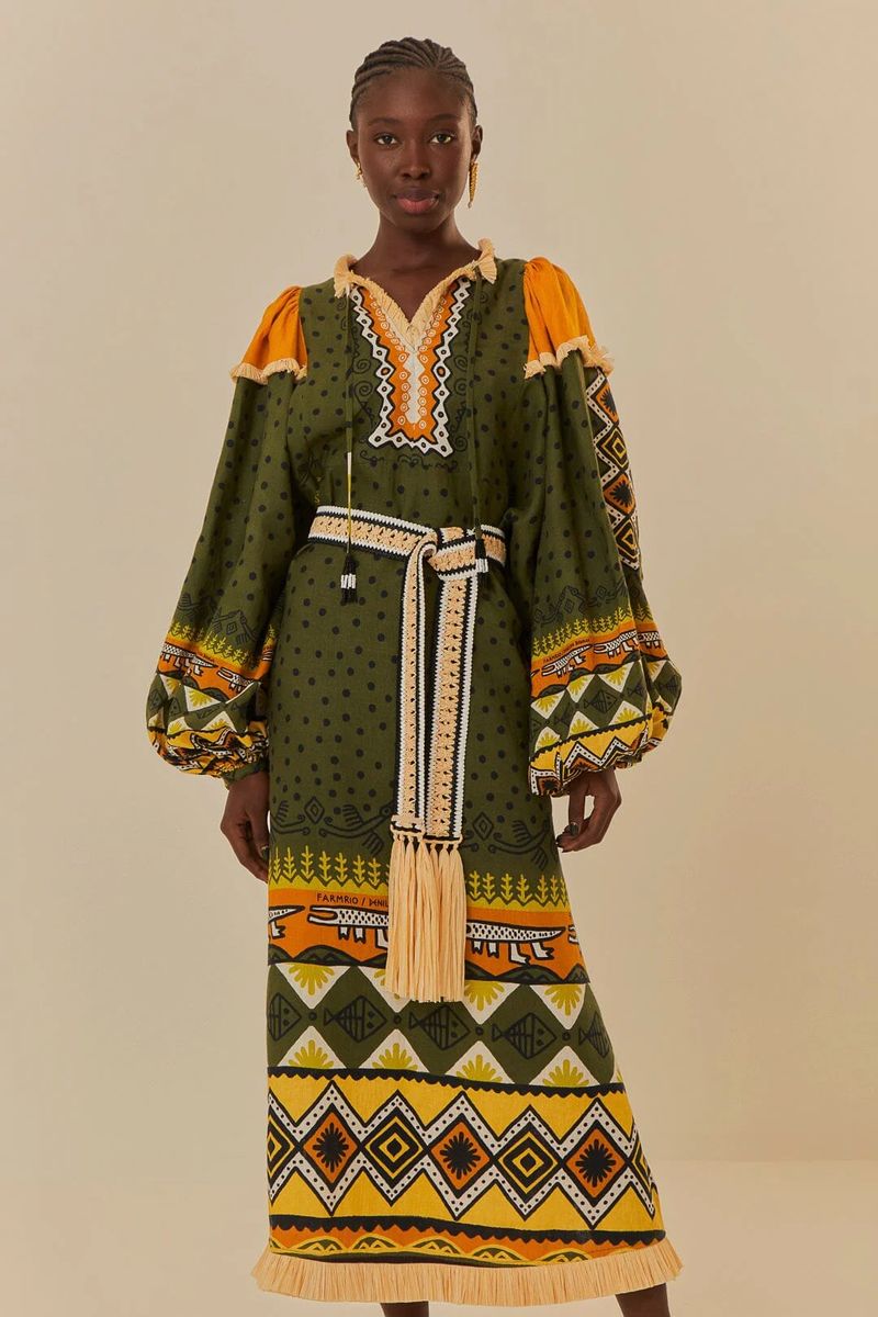 Grünes bedrucktes Langarm-Midikleid