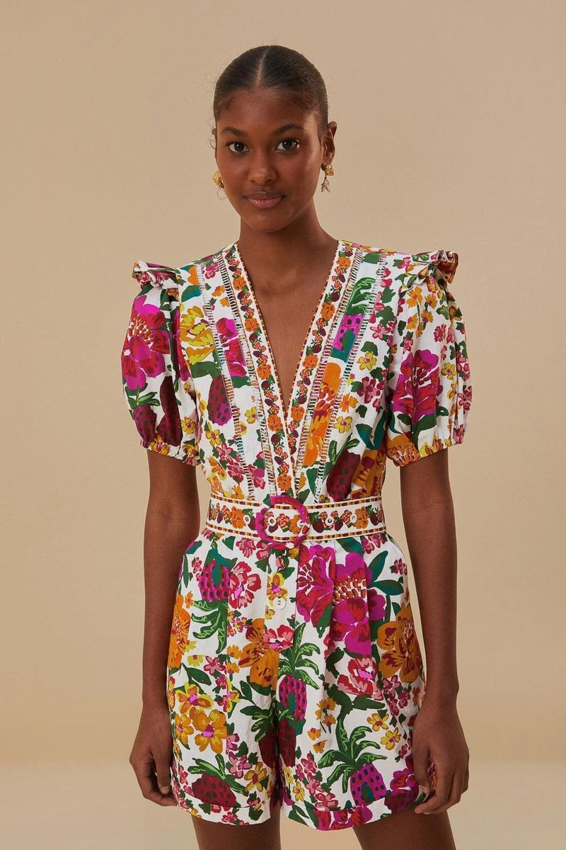 Romper mit Blumenmuster und Puffärmeln aus Baumwolle