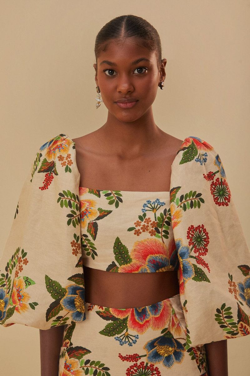 Crop Top aus Leinen mit Blumendruck