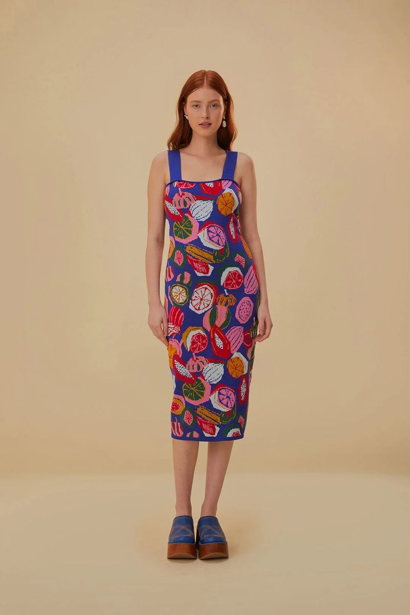 Gestricktes Midi-Kleid mit Fruchtsalat-Print