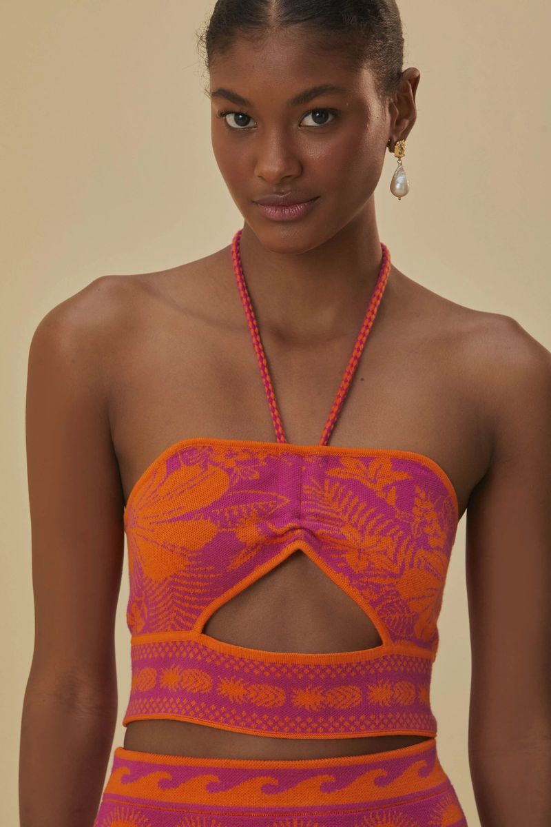 Halter Stricktop mit tropischem Print
