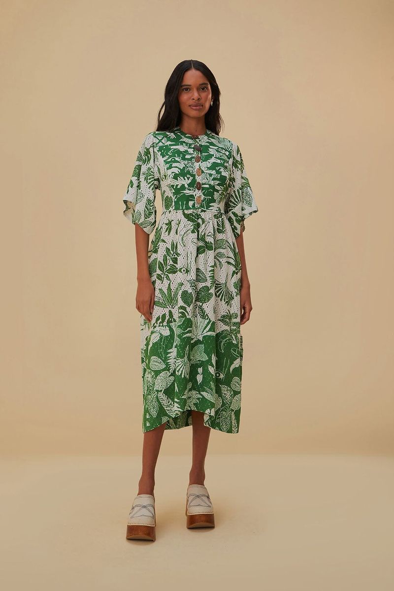 Grünes und weißes florales Midikleid