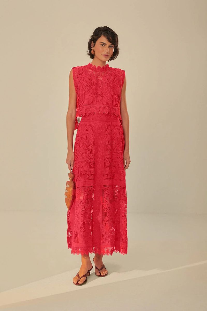 Eleganter roter Guipure-Spitzen-Midi-Rock