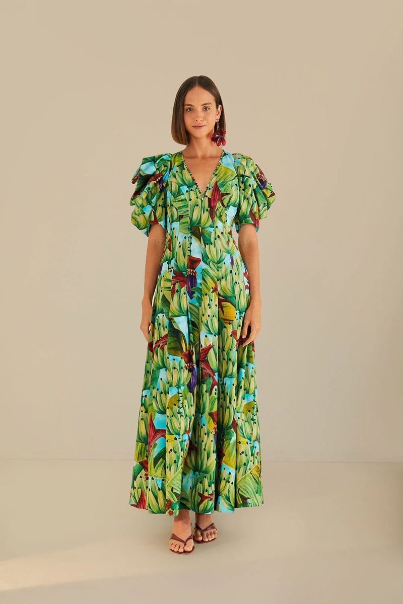 Midi-Kleid mit Bananenmuster und Ärmeln