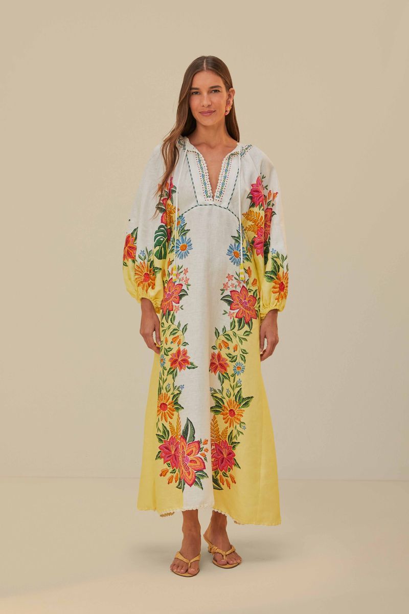 Maxikleid aus Leinen mit floraler Stickerei