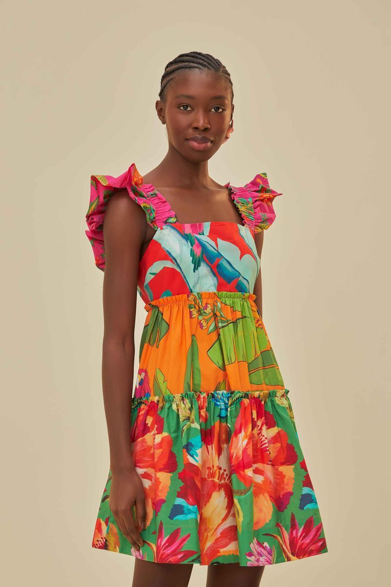Mini-Kleid mit tropischem Druck und Rüschen