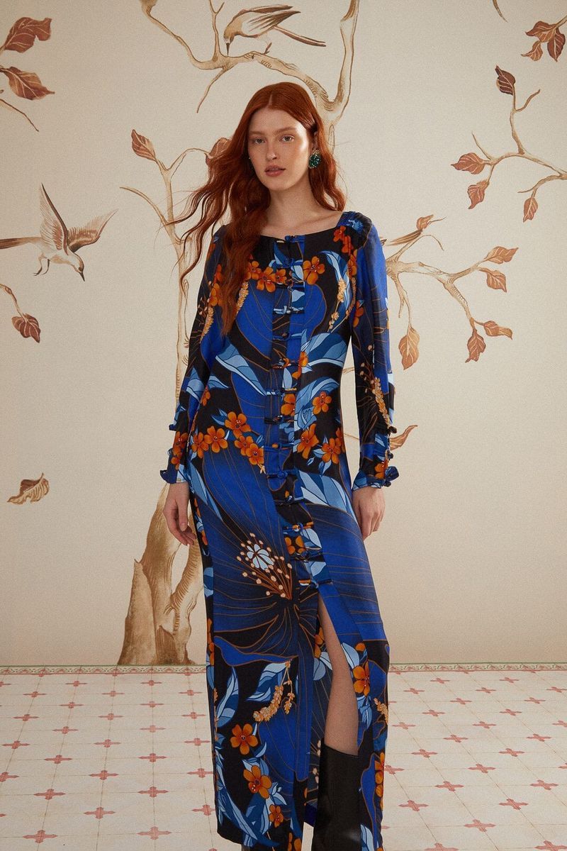 Geblümtes Viskose-Midikleid