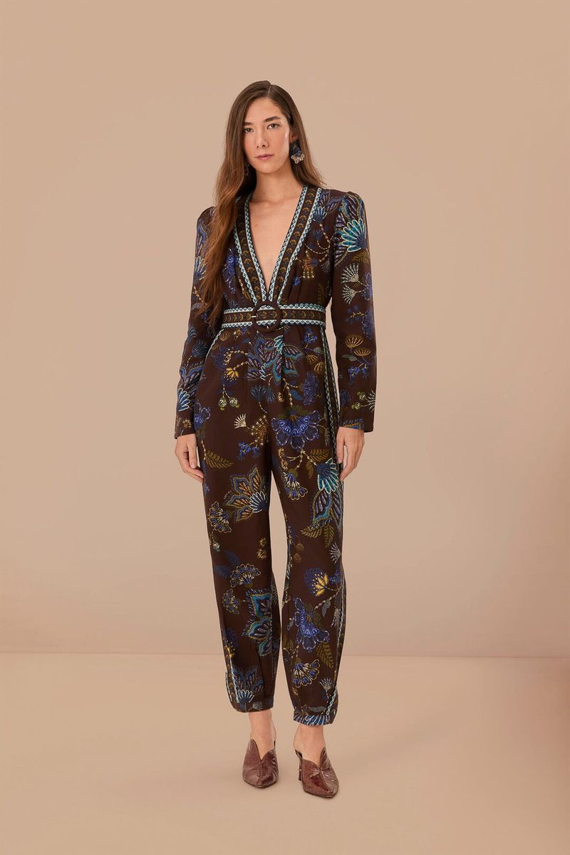 Gestickter Jumpsuit mit Blumendruck und V-Ausschnitt
