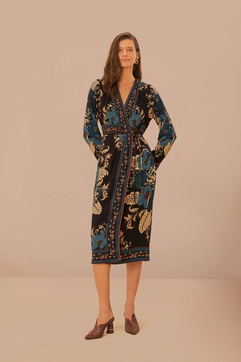Midi-Wickelkleid mit floralem Wandteppichmuster