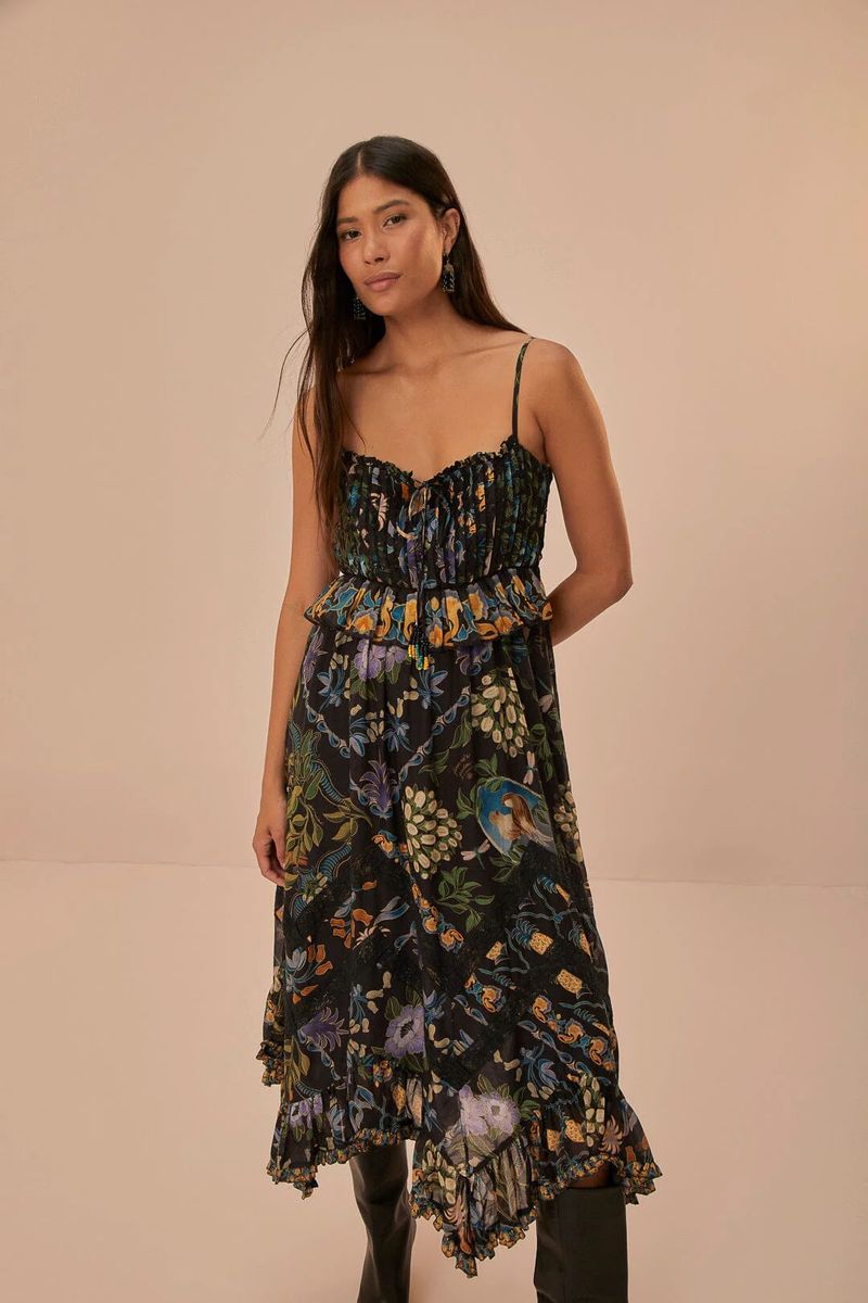 Midi-Kleid mit Blumenmuster und Plissee-Spitze