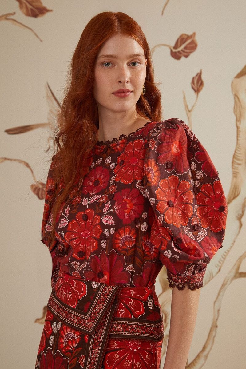 Bluse mit floralem Wandteppichmuster und Puffärmeln
