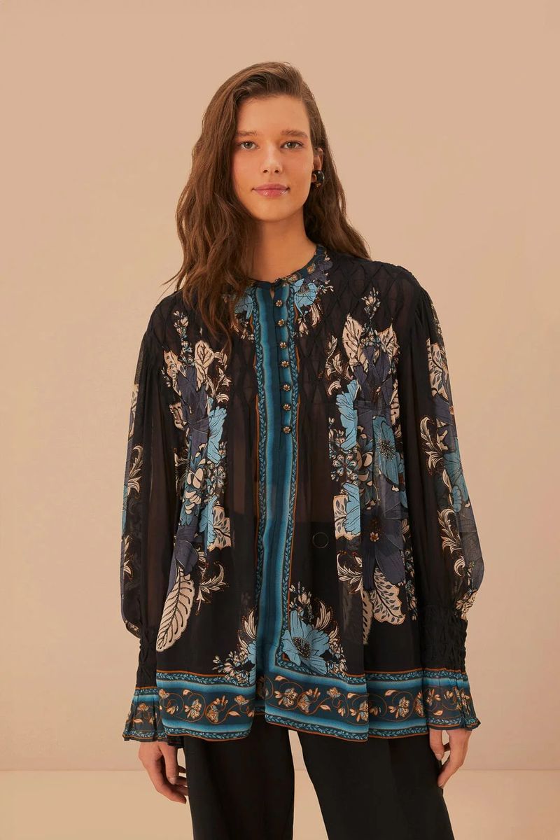 Geblümte Bluse mit Tapetenmuster und Smokdetails
