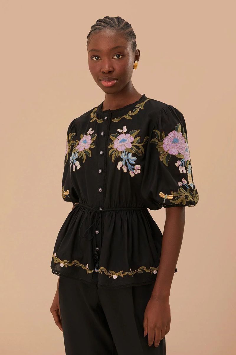 Bestickte Bluse mit Blumenmuster und Schößchen