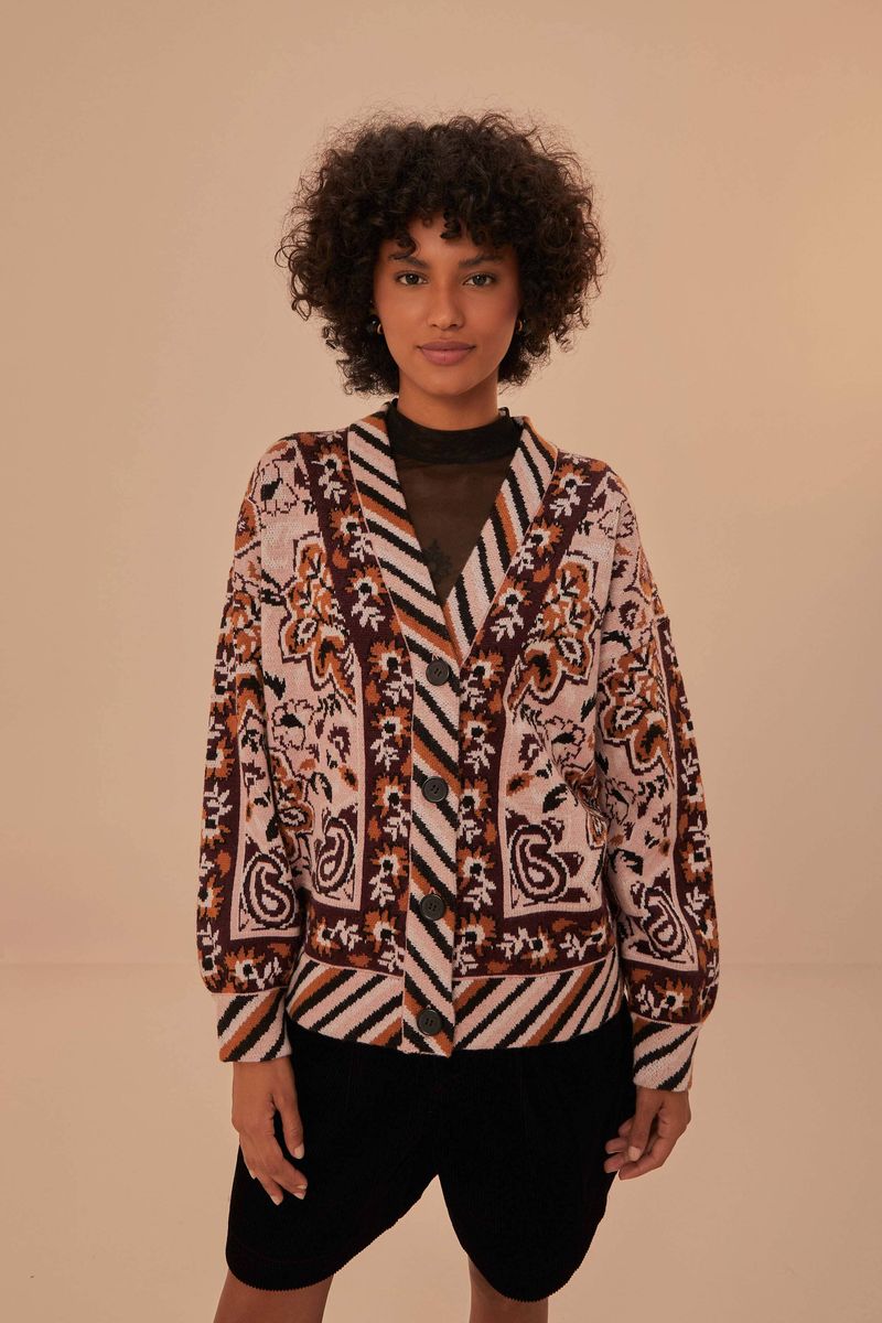 Strickjacke mit Tapisseriemuster und V-Ausschnitt
