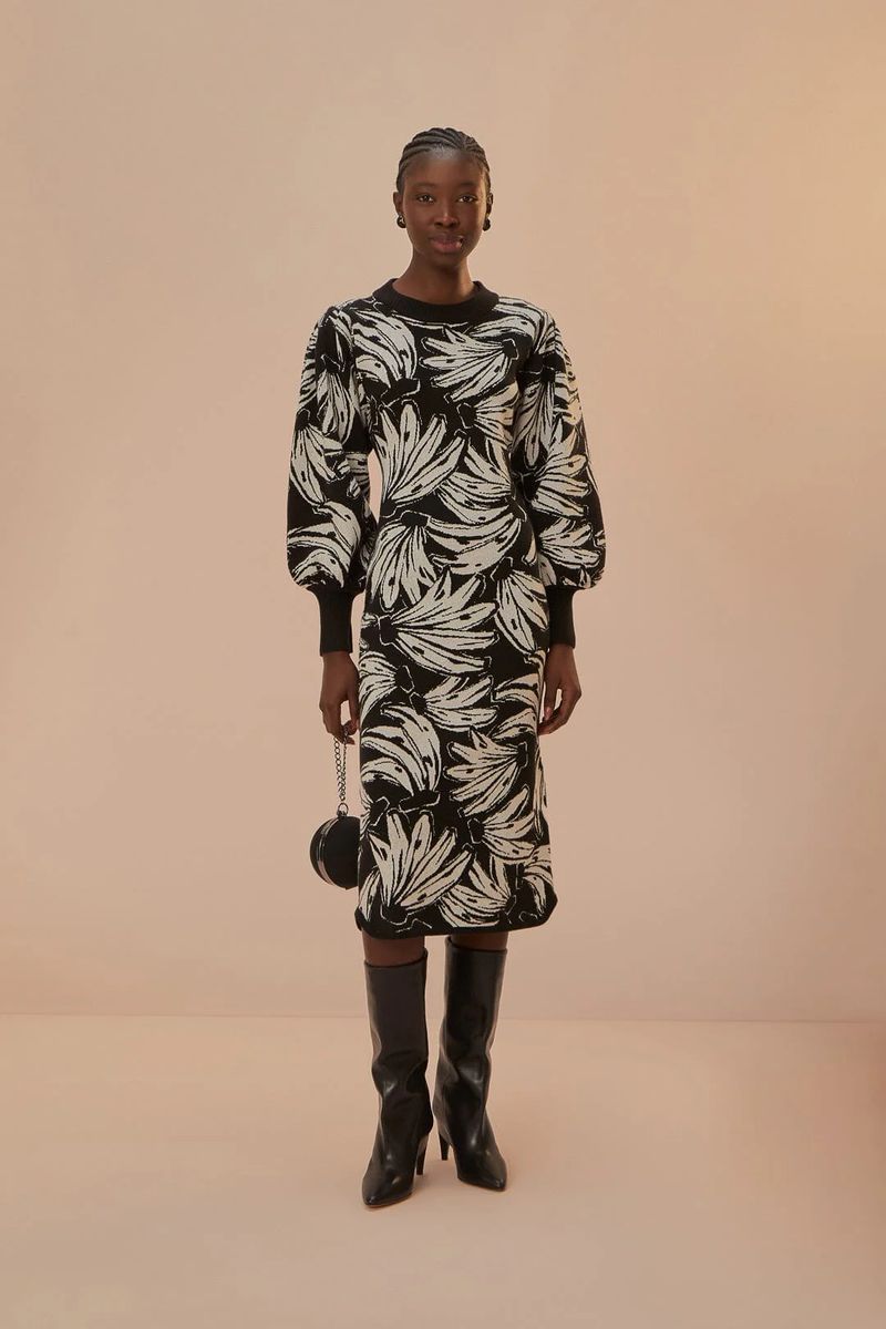 Monochromes Midikleid mit Blattmuster