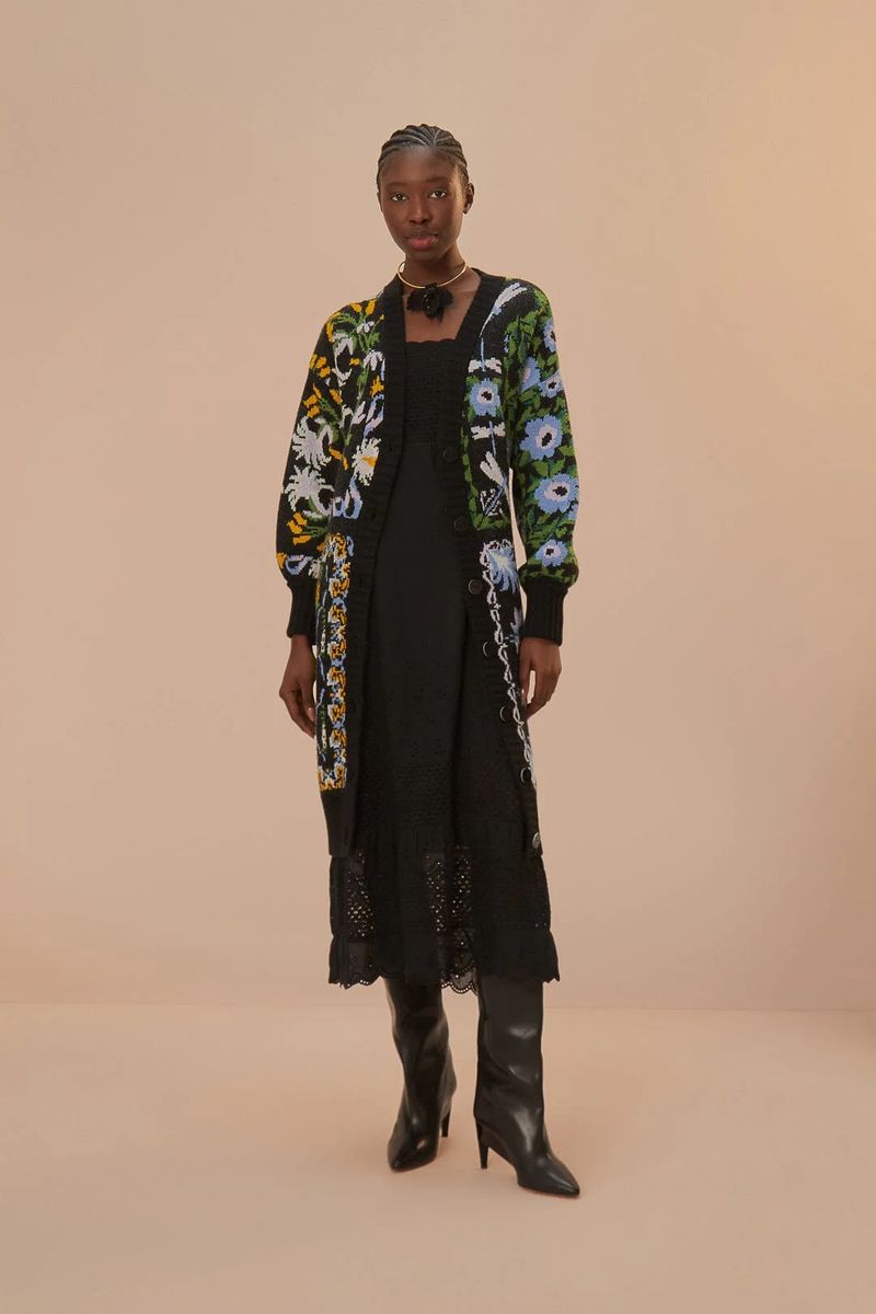 Floral Gestrickte Midi Strickjacke