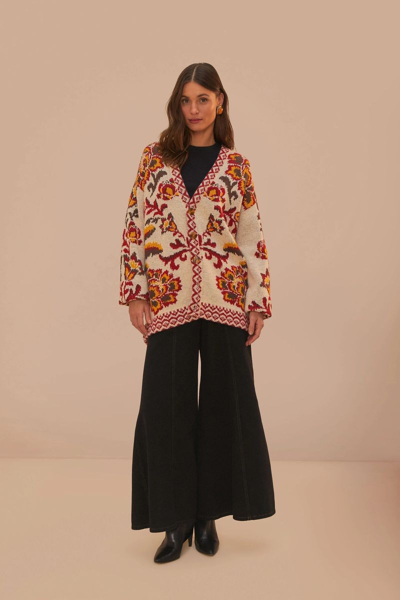 Creme Strickjacke mit floralem Muster