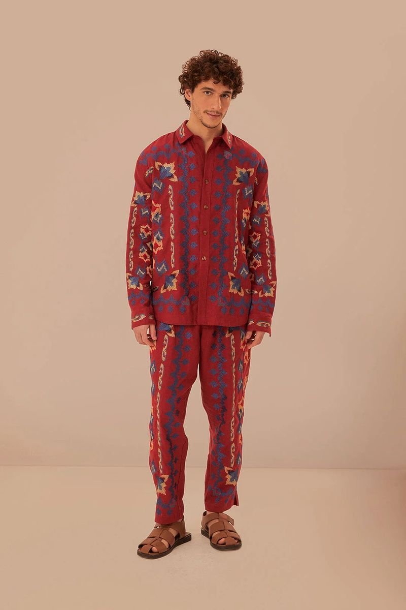 Leinenhemd mit floraler Jacquardstickerei