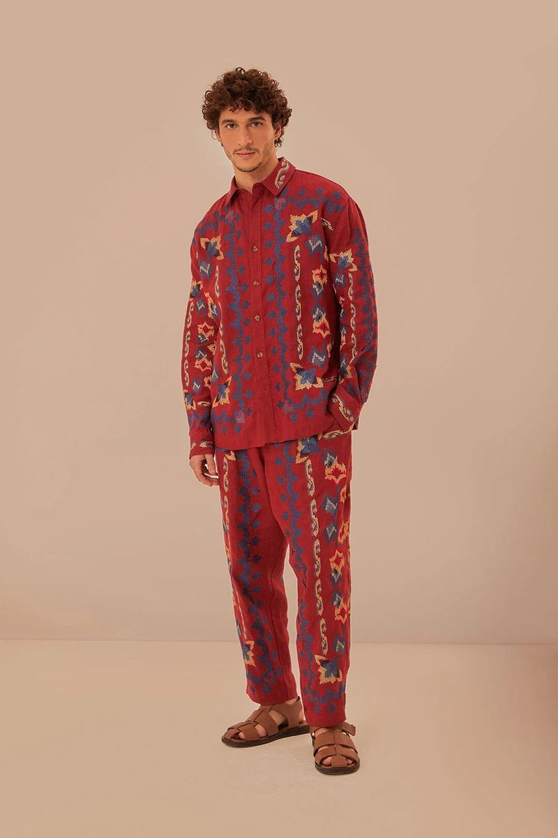 Rote Jacquardhose mit Blumenstickerei