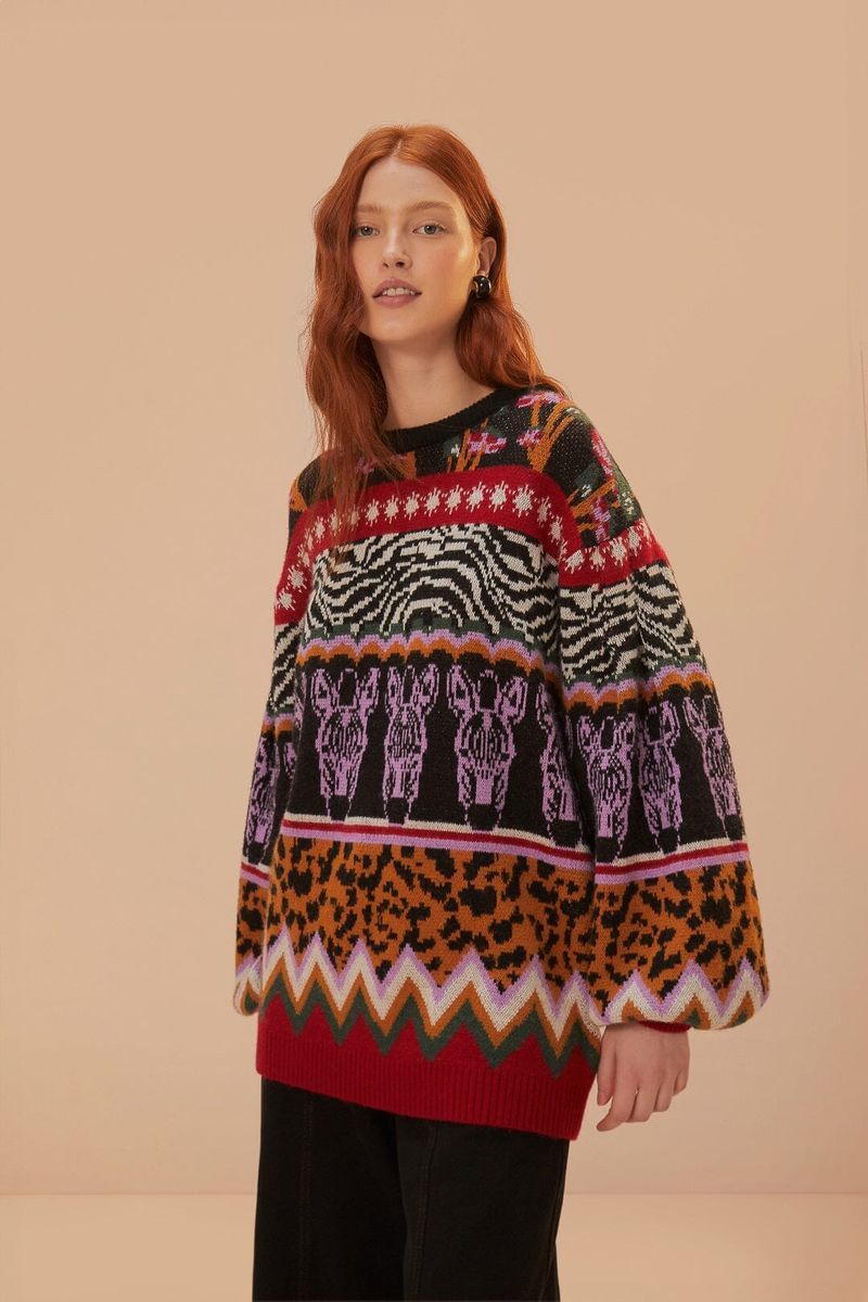Eklektischer Strickpullover mit Tiermuster