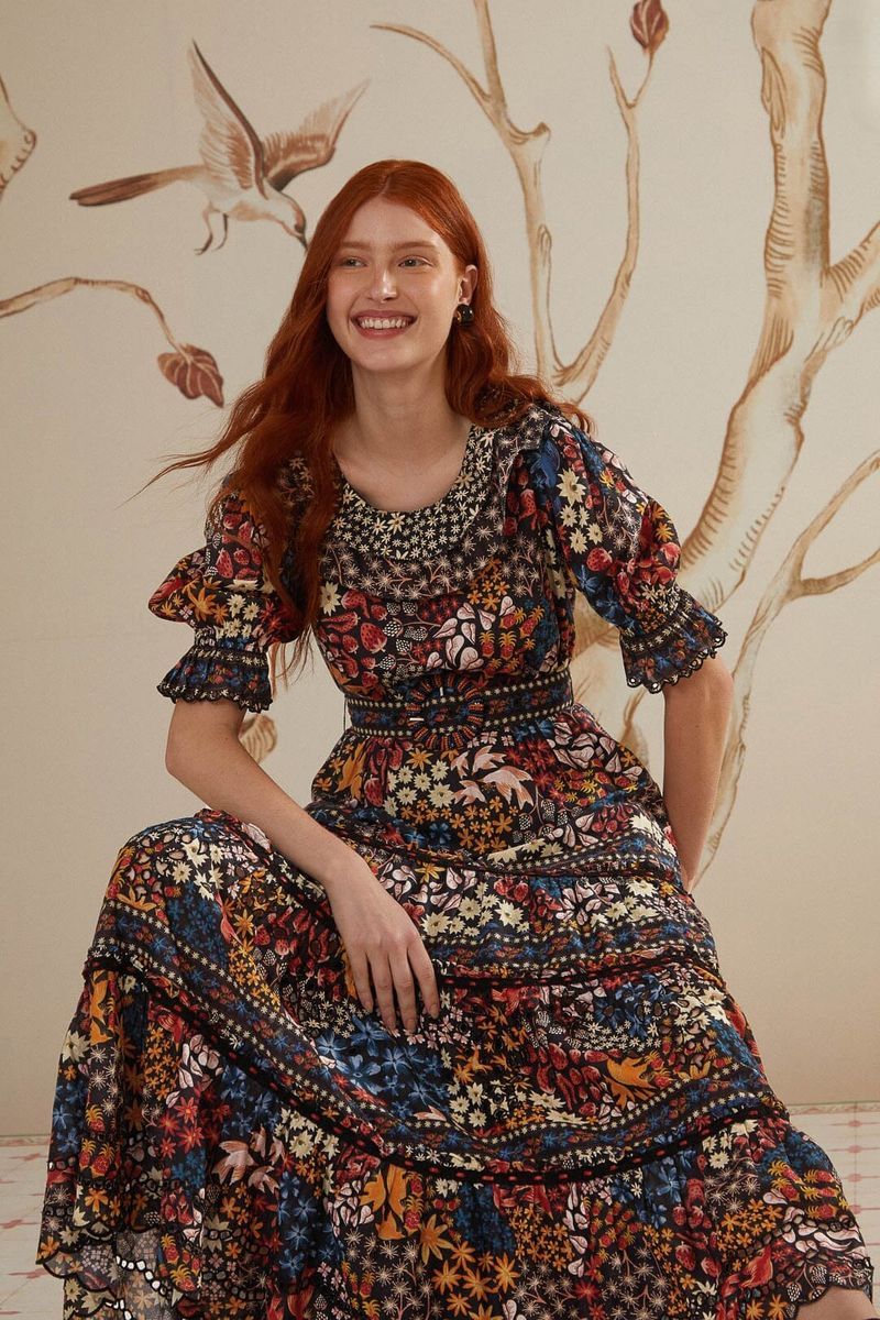 Gestuftes Maxikleid aus Baumwolle mit Blumenmuster