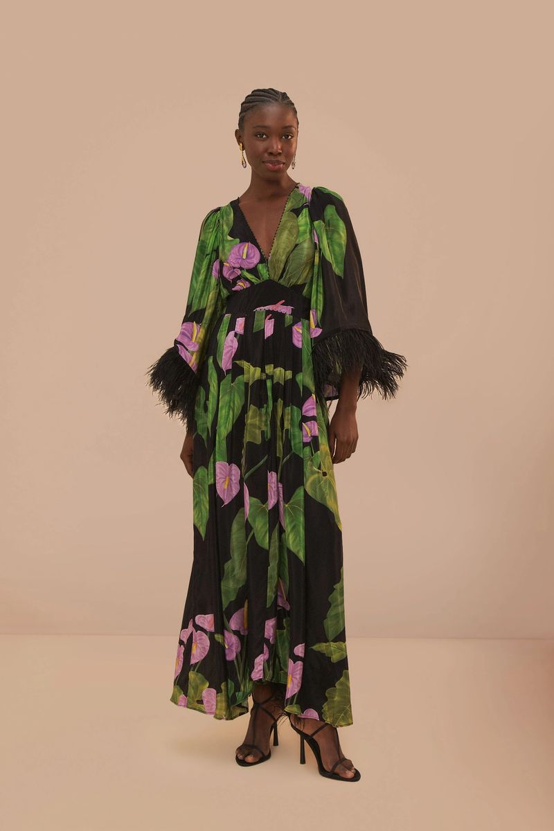 Elegantes Kaftan-Kleid mit Blumendruck und Federn