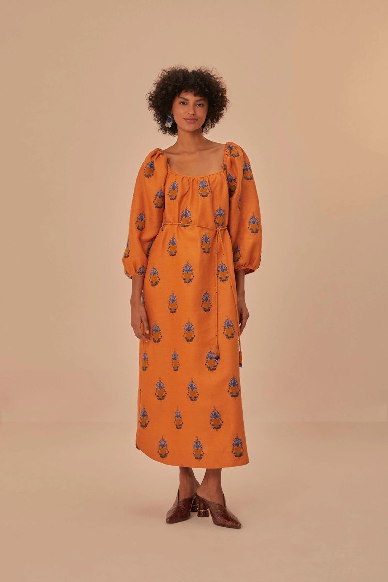 Besticktes Ringelblumen-Midikleid mit Ärmeln
