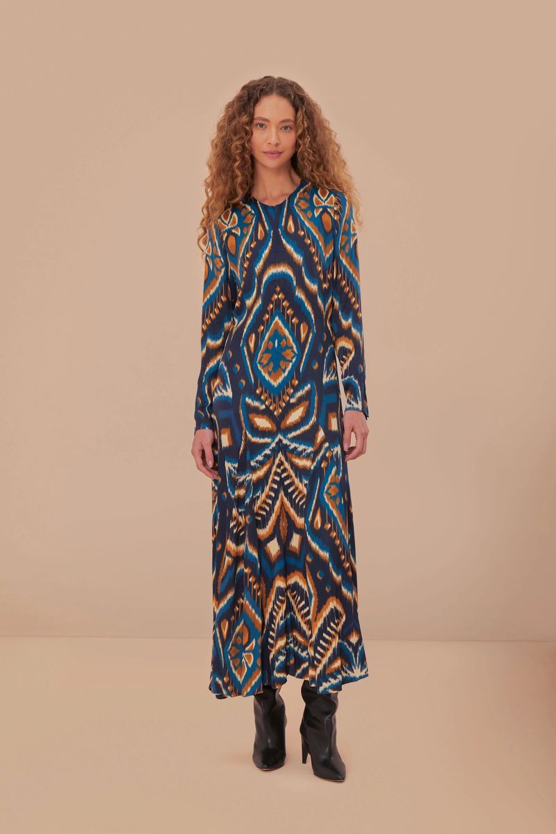 Blaues Ikat-Viskose-Maxikleid
