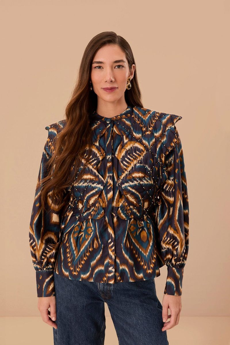 Baumwollbluse mit Ikat-Print und Rüschen