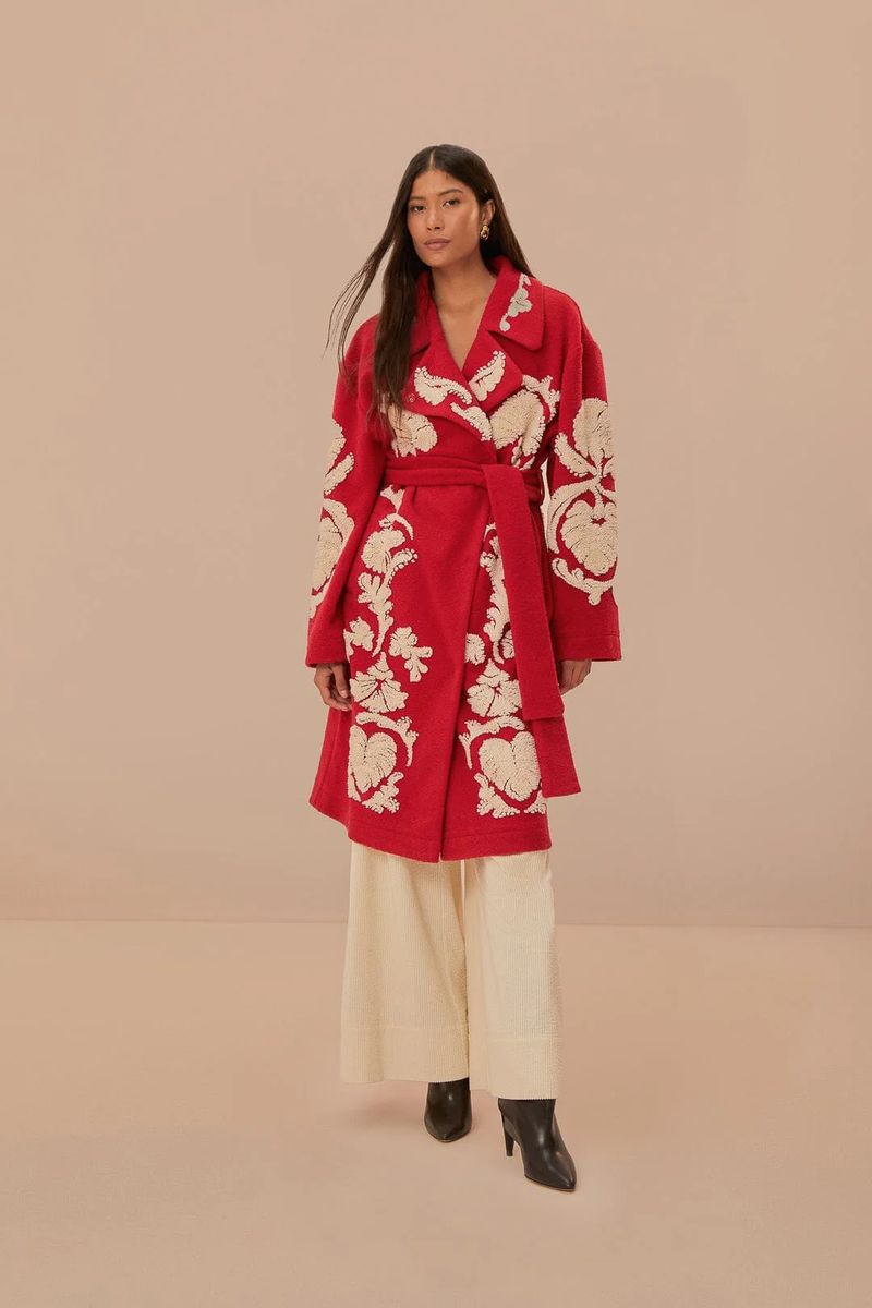 Fleece-Wickelmantel mit Blumenstickerei