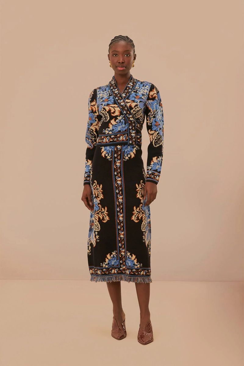 Floral gemusterte Strick-Wickelbluse