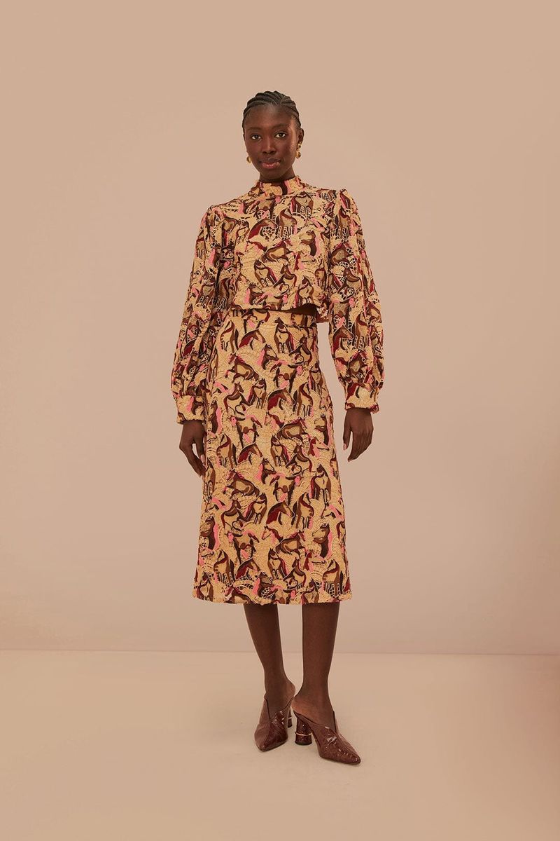 Guipure-Bluse mit Pferde-Print, lange Ärmel, Creme