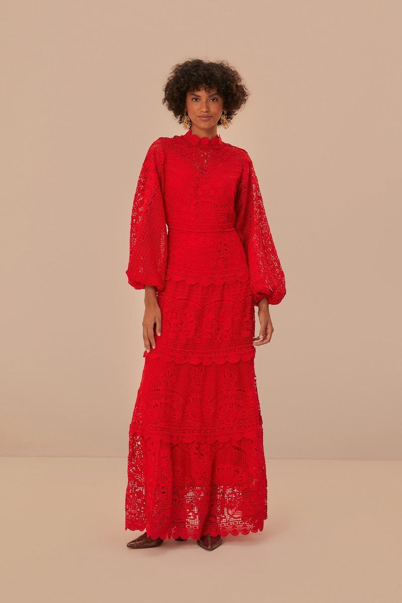 Rotes Guipure-Spitzen Maxikleid