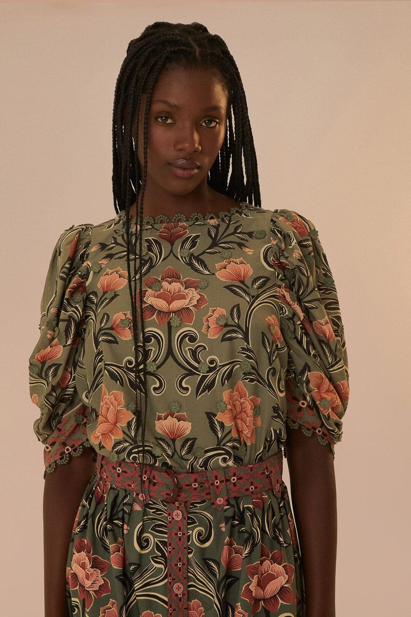 Geblümte Arabesque Bluse mit Puffärmeln