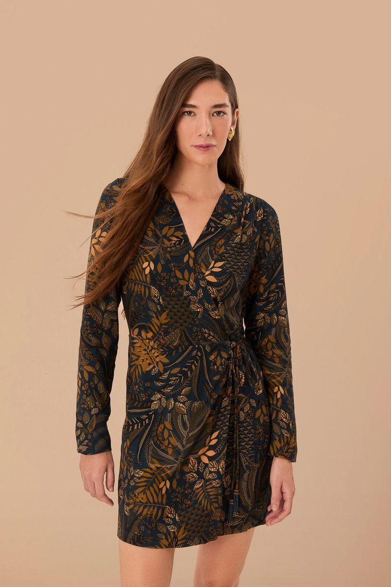 Tealfarbenes Mini-Wickelkleid mit Blumenmuster