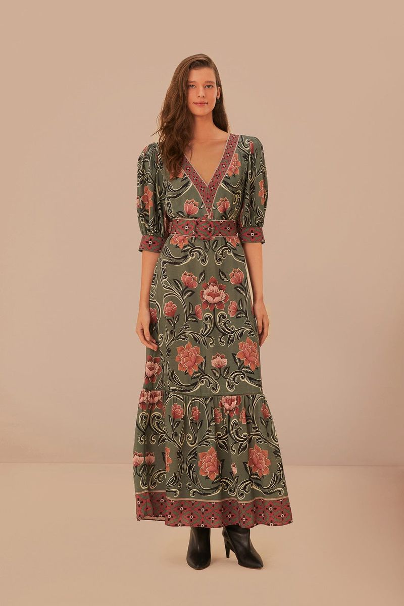 Geblümtes grünes Maxikleid